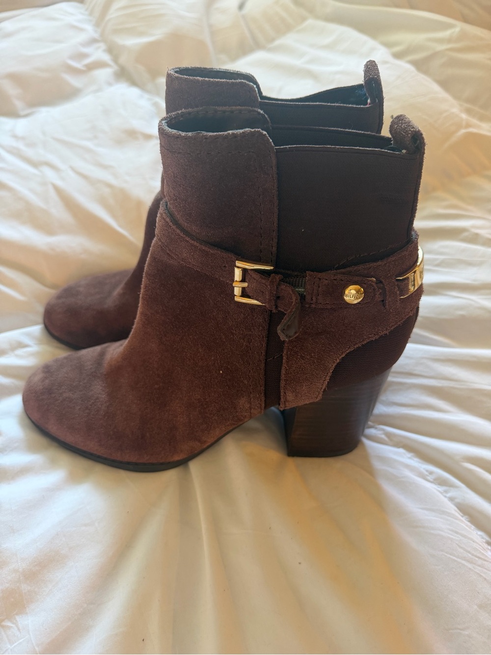Tommy Hilfiger Chocolate Suede Ankle Boots with Gold Buckle